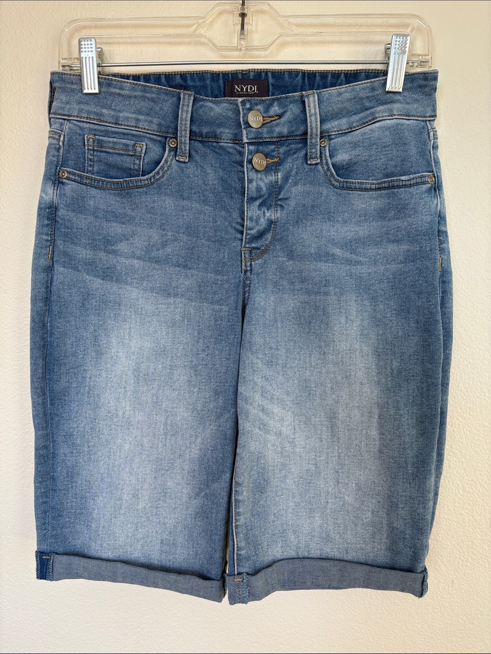 NYDJ Briella Roll Cuff Bermuda Denim Shorts Size 2 Medium Wash Lift Tuck Stretch